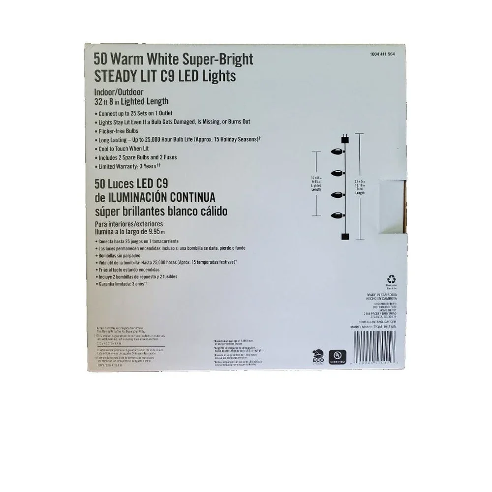 Home Accents Holiday 50 Super Bright‎ Warm White C9 LED Lights Wedding Event